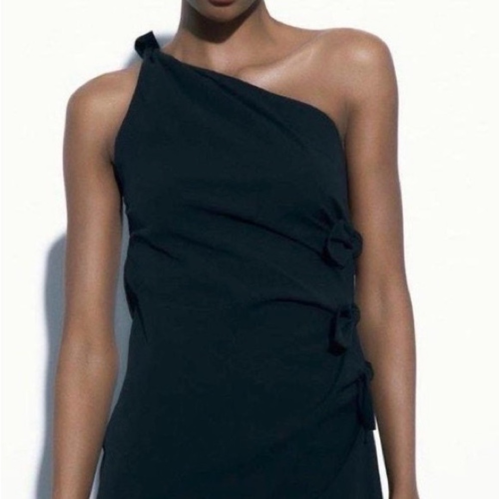 NWT Zara Black One-Shoulder Bow-Accent Mini Dress Size XS